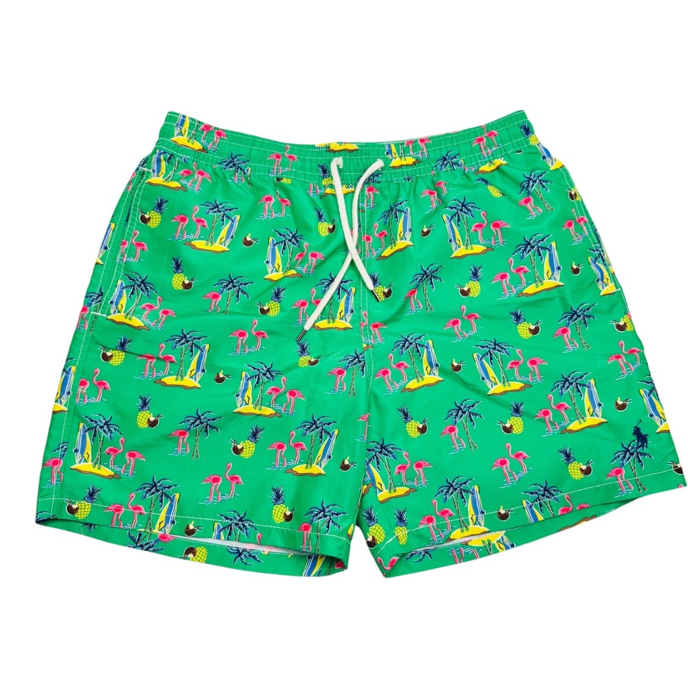 Polo Ralph Lauren Swim Trunks Mens Large Green Flamingo Pineapple Tropical Print